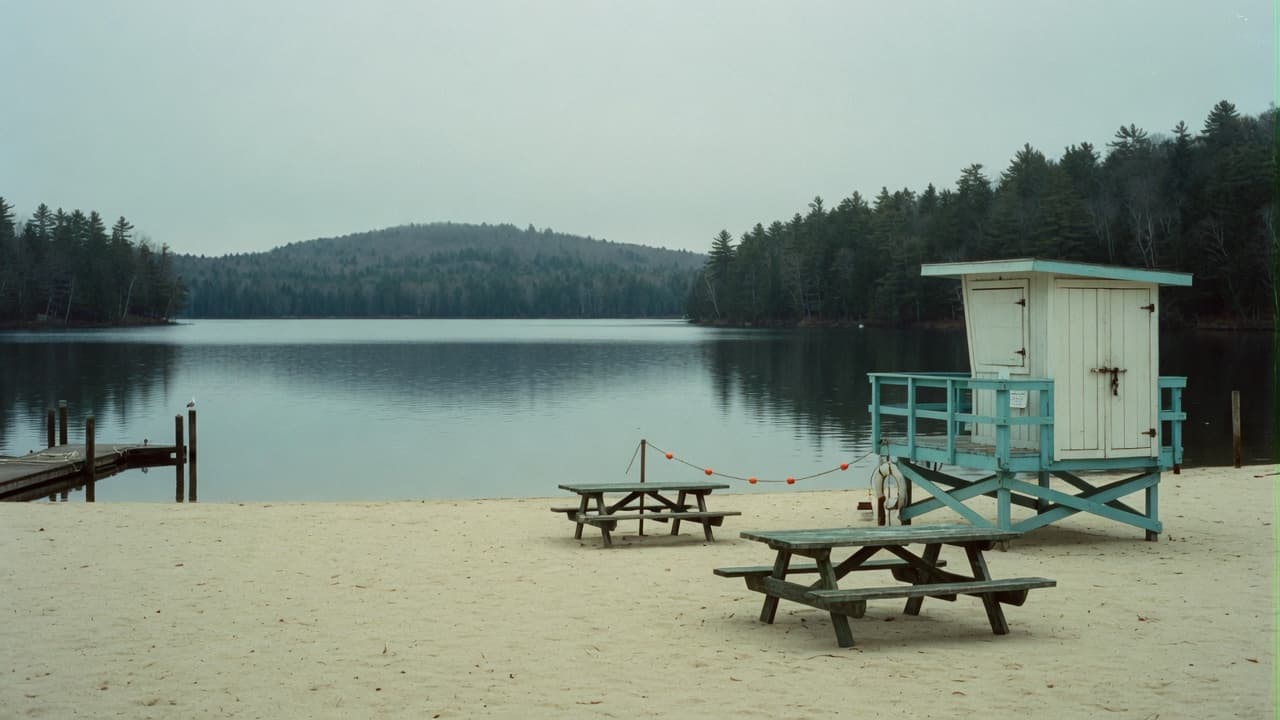 An empty town beach on Great Sacandaga Lake on a weekday morning