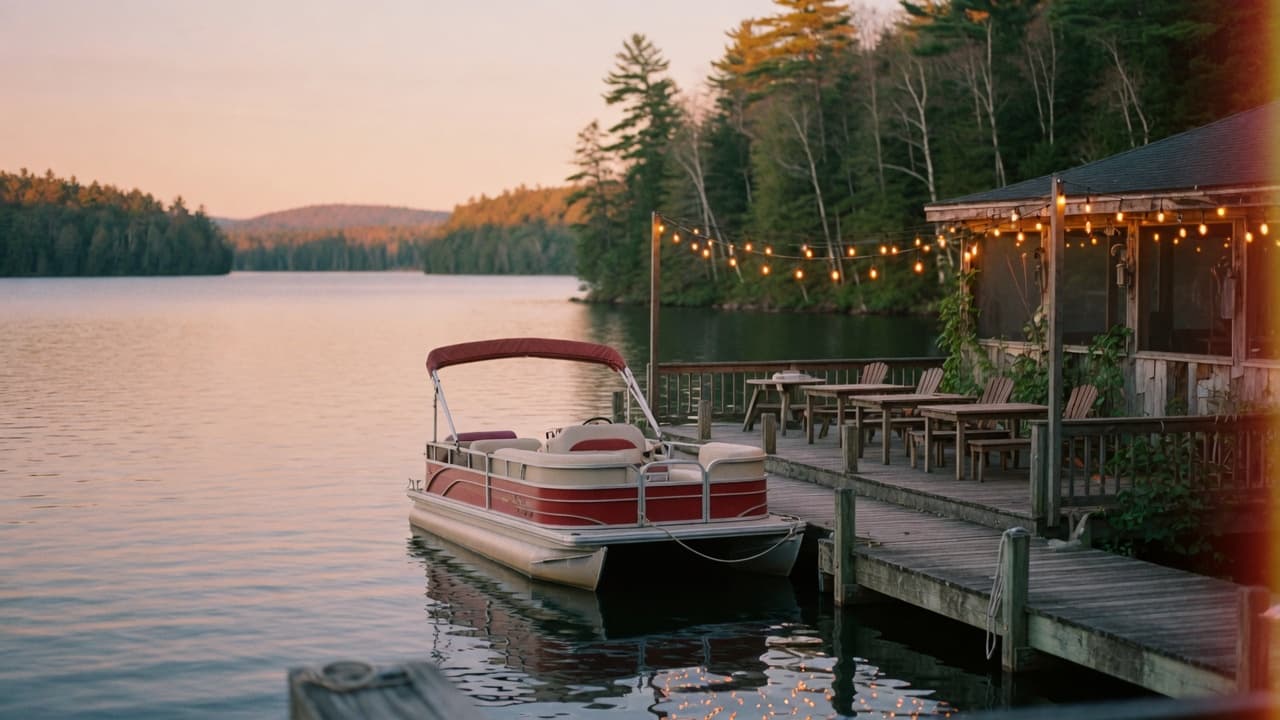 A pontoon tied to a waterfront kitchen at dusk on Great Sacandaga Lake