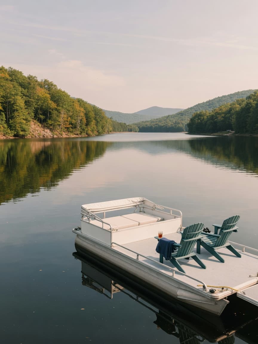 A pontoon with Adirondack chairs on Great Sacandaga Lake